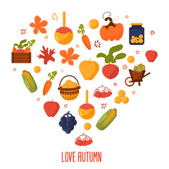 LOVE AUTUMN greeting card with cartoon fall objects isolated on white. Vector design template, print for t-shirt.