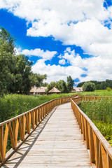 Fototapeta na wymiar Nature park Kopacki rit in Slavonia, Croatia, popular tourist destination and birds reservation. Long wooden path. Countryside landscape.