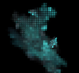 Blue pixel grid fractal on a black background.