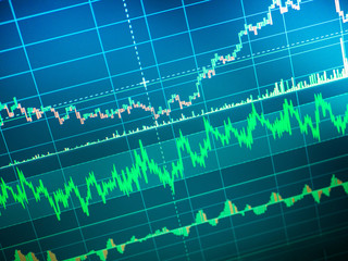 Analysing stock market data on a monitor. Financial data on blue-green background