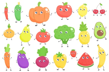 Fotobehang Set of cute cartoon fruits and vegetables. Vector flat illustration. © Svetlana