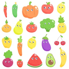 Fotobehang Set of cute cartoon fruits and vegetables. Vector flat illustration. © Svetlana