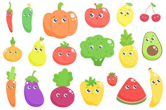 Cute cartoon fruits and vegetables. Vector flat illustration.