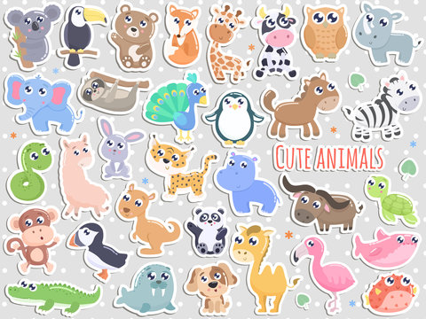Big set of cute cartoon animal stickers  vector illustration. Flat design.