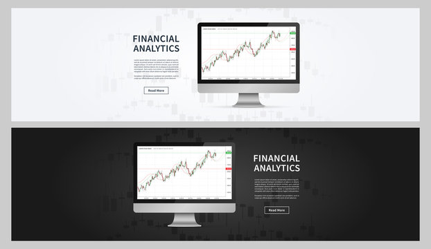 Financial analytics chart vector banners. Financial statistic data for stock trade on desktop computer graphic design. Stock market index (financial analytics) concept.