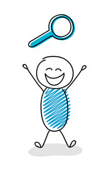 Happy stickman with magnifier (search) icon. Vector.