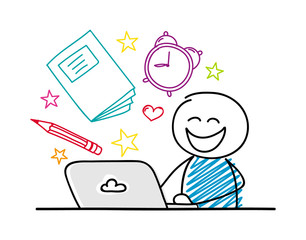 Happy stickman working on laptop - school concept. Vector.