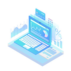 Isometric data of credit card transactions. Modern laptop with various graphs. Technology concept. Infographics isometric vector illustration on ultraviolet background