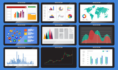 Various monitors display graphs and charts. In business analysis