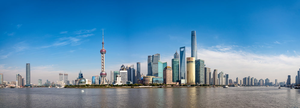 Wide panorama of Shanghai cityscape at daytime