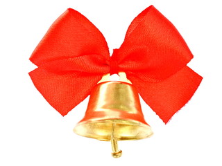 A little gold bell on a red bow. Isolated. White background