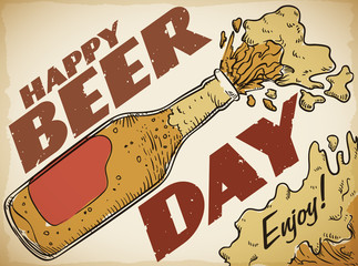 Retro Poster with Delicious Beer Bottle to Celebrate Beer Day, Vector Illustration