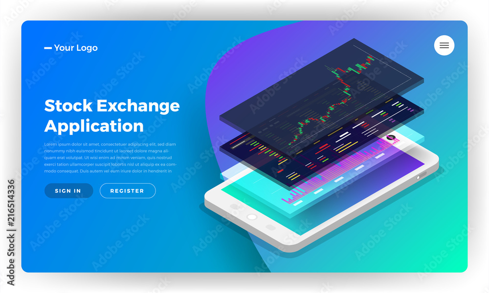 Sticker mockup landing page website design concept stock exchange mobile application. isometric vector illus