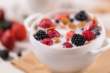 Bowl with fresh juicy fruits in yoghurt