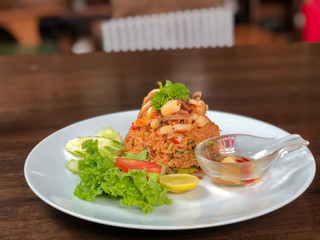 Spicy fried rice with herb and seafood (tom yum fried rice),thai food concept
