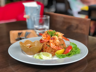 Spicy fried rice with herb and seafood (tom yum fried rice),thai food concept
