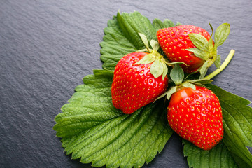 juicy fresh strawberry on a dark stone background