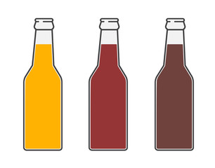 Bottles of beer. Three versions light beer, dark beer and amber beer. Isolated vector illustration on white background.