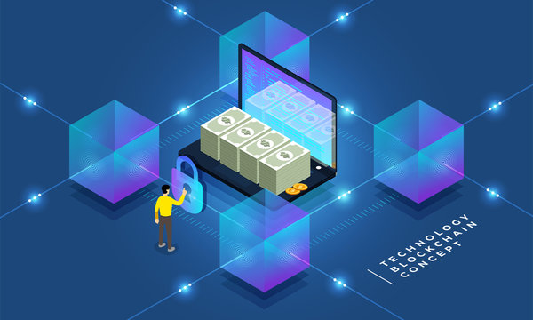 Flat design concept blockchain and cryptocurrency technology. Composition for layout design website banner. Isometric vector illustration.