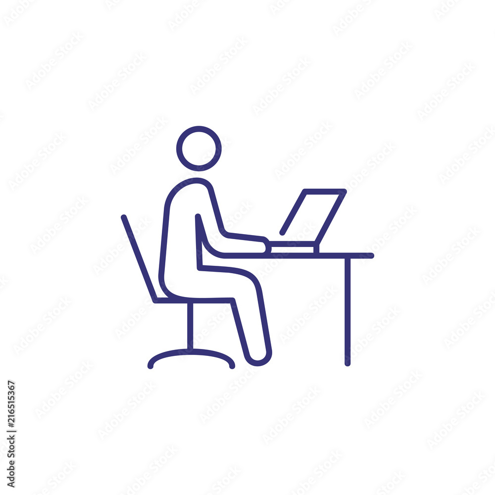 Fototapete work on computer line icon. man sitting at table and using laptop. workplace concept. can be used fo