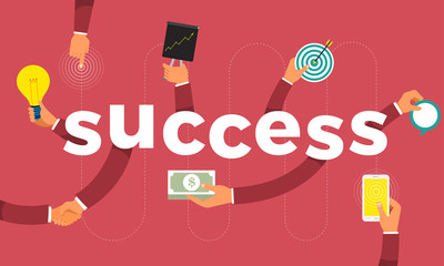 Flat design concept hand create symbol icon and words success. Vector illustrations.