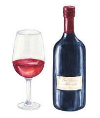 Hand drawn watercolor bottle of wine with glass isolated on white background. Drink illustration.