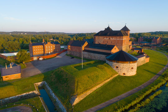 View of the old fortress in the early July morning (aerial photograph). Hameenlinna, Finland