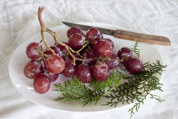 Dinner of red grapes and knives are placed on a white plate and white cloth is placed over the table.