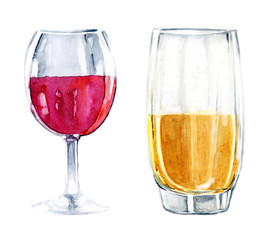 Glasses of beer and wine, watercolor illustration