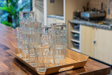 Tray of glasses in a kitchen