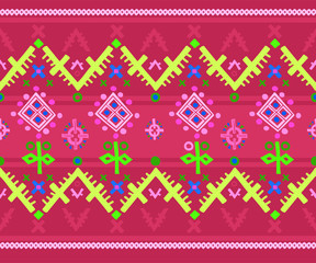 Embroidery seamless pattern in boho chic style. Vector geometric folklore patch for fabric design.