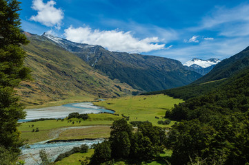 Fototapeta na wymiar Fluss-Delta am Rob Roy Gletscher; Wanaka, Neuseeland