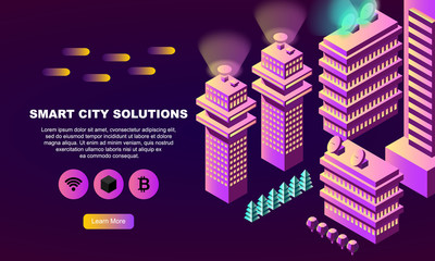 Smart city company landing page, isometric vector illustration. Glowing neon skyscrapers, futuristic buildings, icons, graphic design elements in trendy ultra violet colors.