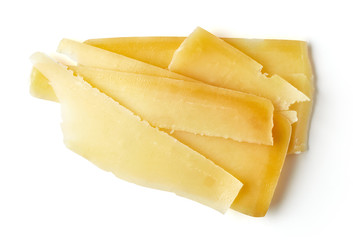 Cheese slices isolated on white, from above