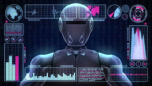 Robot includes a futuristic user interface with the word mission impossible. 3d animation rendering
