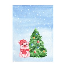 Funny pig and Christmas tree. Watercolor new year card