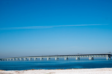 The classic view of the bridge along with Osaka skyline is the beautiful blue sky in the morning.