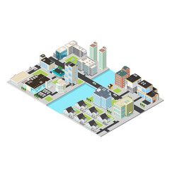 Isometric Vector City Districts.
Large urban cityscape separated by water.