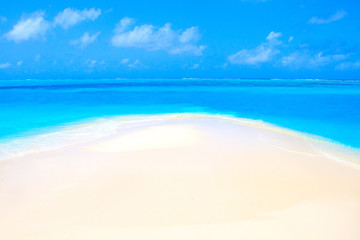 Fototapeta na wymiar Lonely sandy beach with turquoise ocean and blue sky