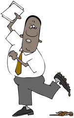 Illustration of a black businessman who has stepped in a pile of dog crap.