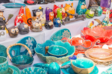 Clay birds owls, dishes. Folk art. Poland Opole