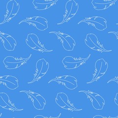 Fototapeta na wymiar Seamless patterns with feathers. White feathers on blue background. Decorative feathers ornament boho pattern. 