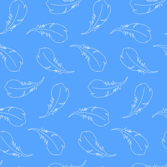 Vector seamless patterns with feathers. White feathers on blue background. Vector seamless feather background in boho style.