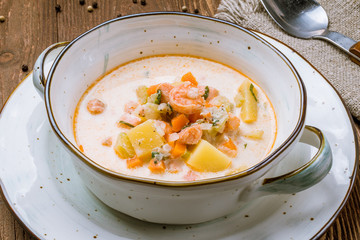 creamy soup with seafood