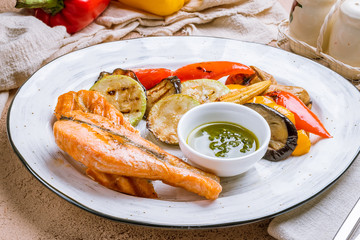 Salmon steak on the grill