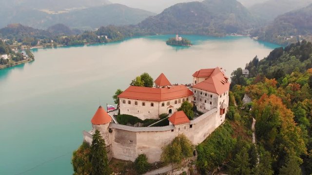 Aerial view of Bled Castle overlooking Lake Bled in Slovenia, Europe.
