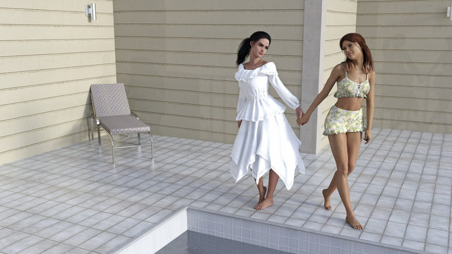 Illustration of two women holding hands next to a swimming pool.