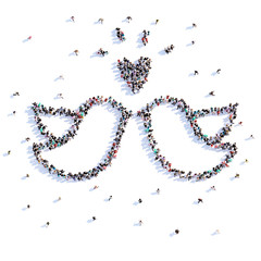 A lot of people form doves, wedding, love, icon . 3d rendering.
