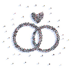 A lot of people form wedding ring, love, icon . 3d rendering.