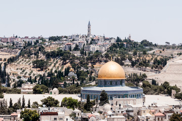 View  of the Temple Mount and Jerusalem from the Corner tower of the Evangelical Lutheran Church of the Redeemer in the old city of Jerusalem, Israel.